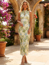 Mesh Sheath Stand Collar Midi Formal Dresses with 3D Flower Appliques