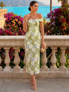 Mesh Sheath Off Shoulder Midi Formal Dresses with 3D Flower Appliques