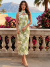 Mesh Sheath High Neck Midi Formal Dresses with 3D Flower Appliques