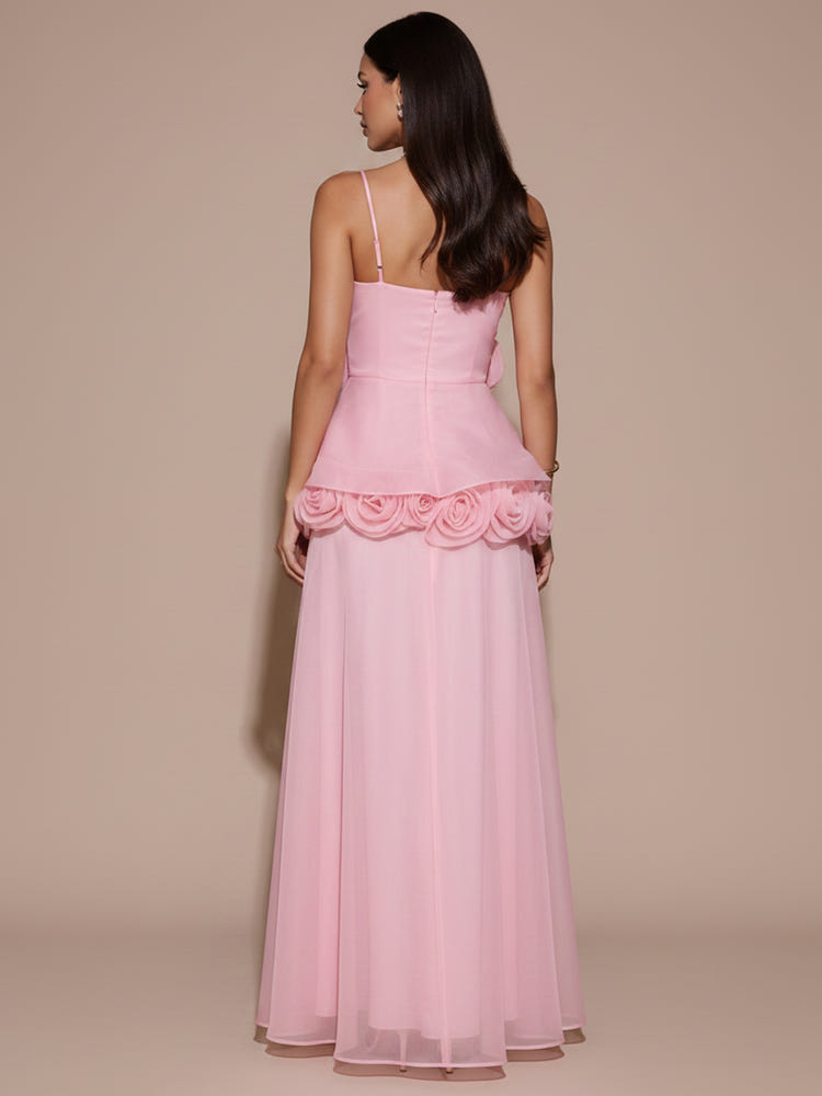 Mesh A-Line Spaghetti Straps Maxi Formal Dresses with 3D Flowers