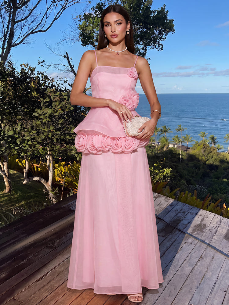 Mesh A-Line Spaghetti Straps Maxi Formal Dresses with 3D Flowers