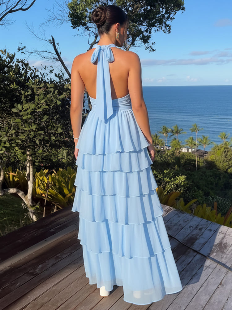 Chiffon A-Line Halter Maxi Formal Dresses with Side Bow‑Tie