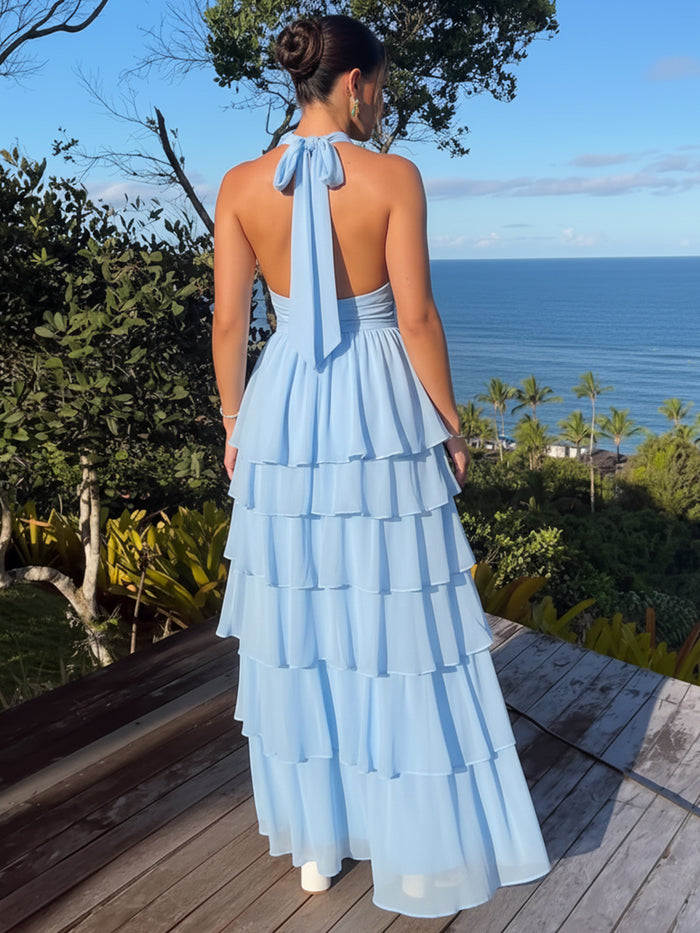 Chiffon A-Line Halter Maxi Formal Dresses with Side Bow‑Tie
