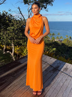 Satin Sheath Halter Maxi Formal Dresses with Bodice Soft Draped Ruched Detail