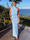 Satin Sheath Halter Maxi Formal Dresses with Blouson Draped Bodice