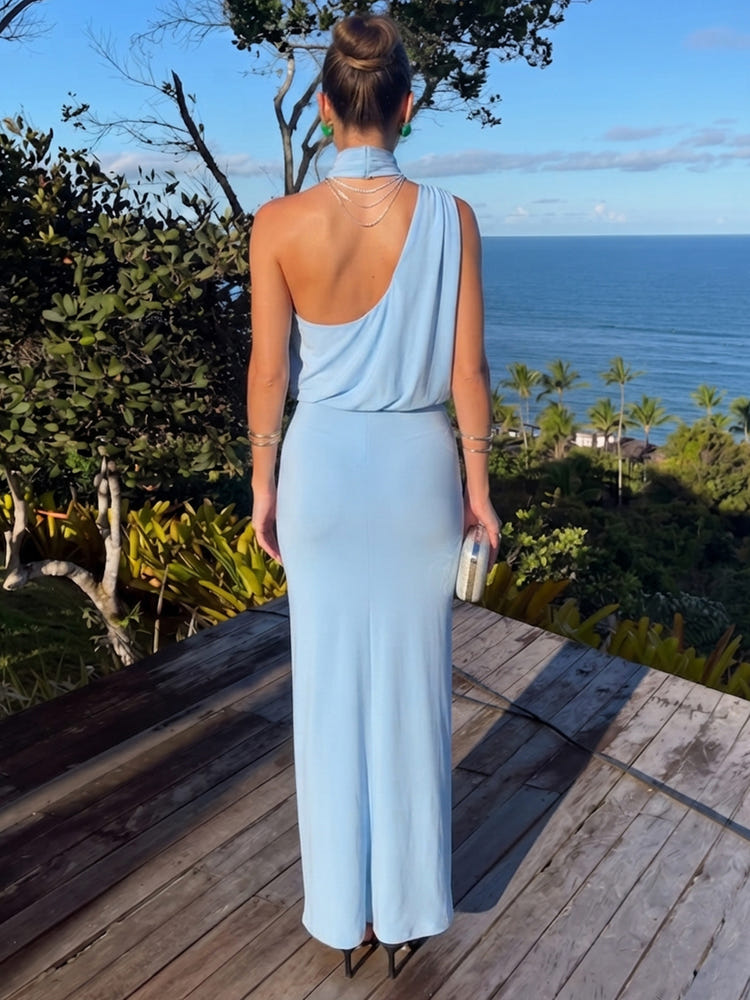 Satin Sheath Halter Maxi Formal Dresses with Blouson Draped Bodice