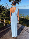 Satin Sheath Halter Maxi Formal Dresses with Blouson Draped Bodice
