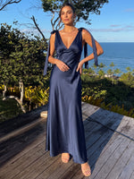 Satin A-Line V Neck Maxi Formal Dresses with Tie‑Bow Straps