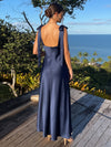 Satin A-Line V Neck Maxi Formal Dresses with Tie‑Bow Straps