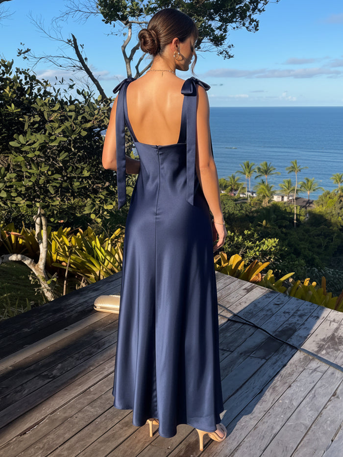 Satin A-Line V Neck Maxi Formal Dresses with Tie‑Bow Straps