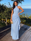 Chiffon Mermaid Halter Maxi Formal Dresses with Ruffles