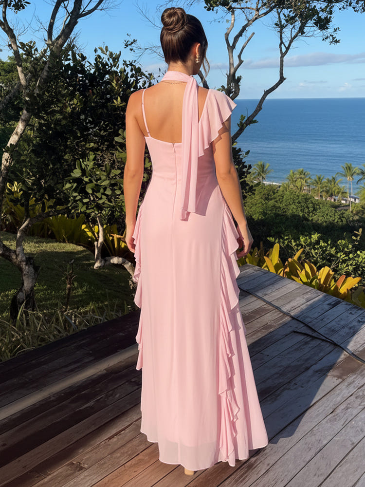 Chiffon A-Line V Neck Maxi Formal Dresses with Ruffles