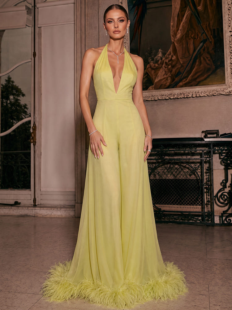 Mesh Pantsuit Halter Maxi Sets with Natural Feather Fringe Hem