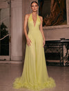 Mesh Pantsuit Halter Maxi Sets with Natural Feather Fringe Hem