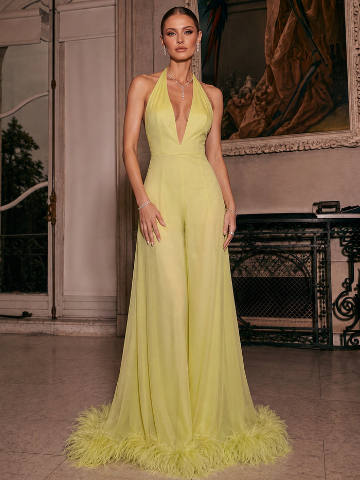 Mesh Pantsuit Halter Maxi Sets with Natural Feather Fringe Hem