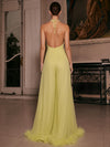 Mesh Pantsuit Halter Maxi Sets with Natural Feather Fringe Hem