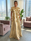 Metallic Satin A-Line Crew Neck Maxi Formal Dresses with 3D Flowers
