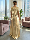 Metallic Satin A-Line Crew Neck Maxi Formal Dresses with 3D Flowers