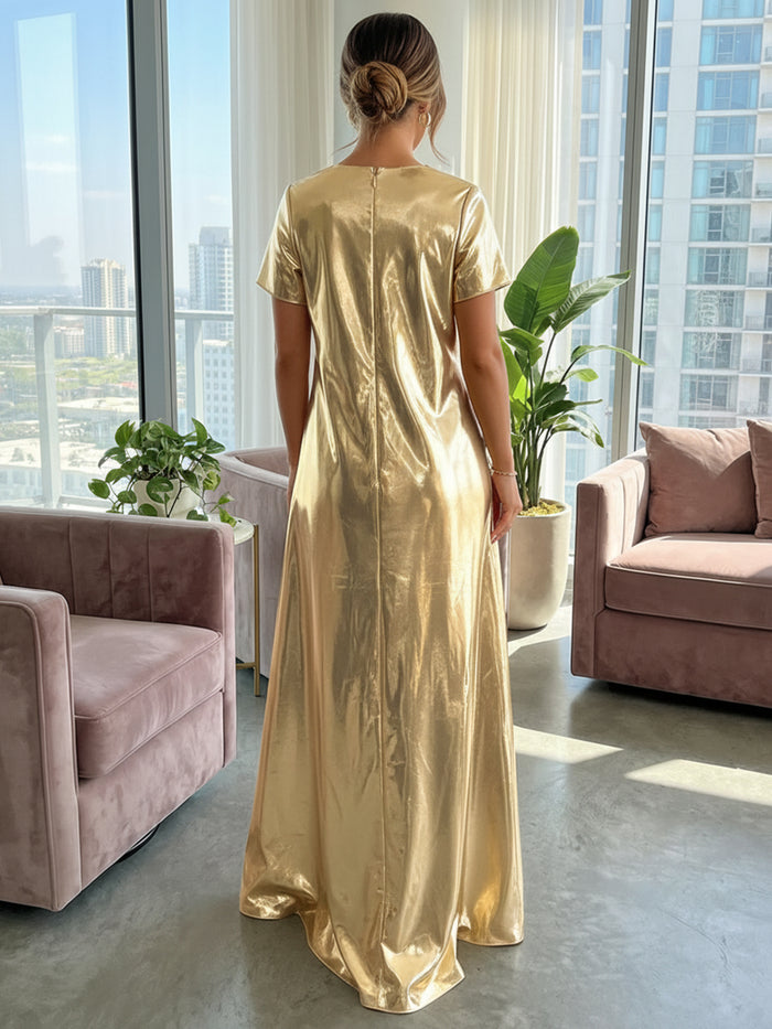 Metallic Satin A-Line Crew Neck Maxi Formal Dresses with 3D Flowers