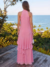 Chiffon A-Line High Neck Maxi Formal Dresses with Ruffles