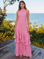Chiffon A-Line High Neck Maxi Formal Dresses with Ruffles