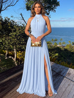 Chiffon A-Line Halter Maxi Formal Dresses with Side Slit