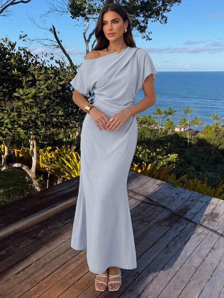 Chiffon Mermaid One Shoulder Maxi Formal Dresses with Side Waist Ruched