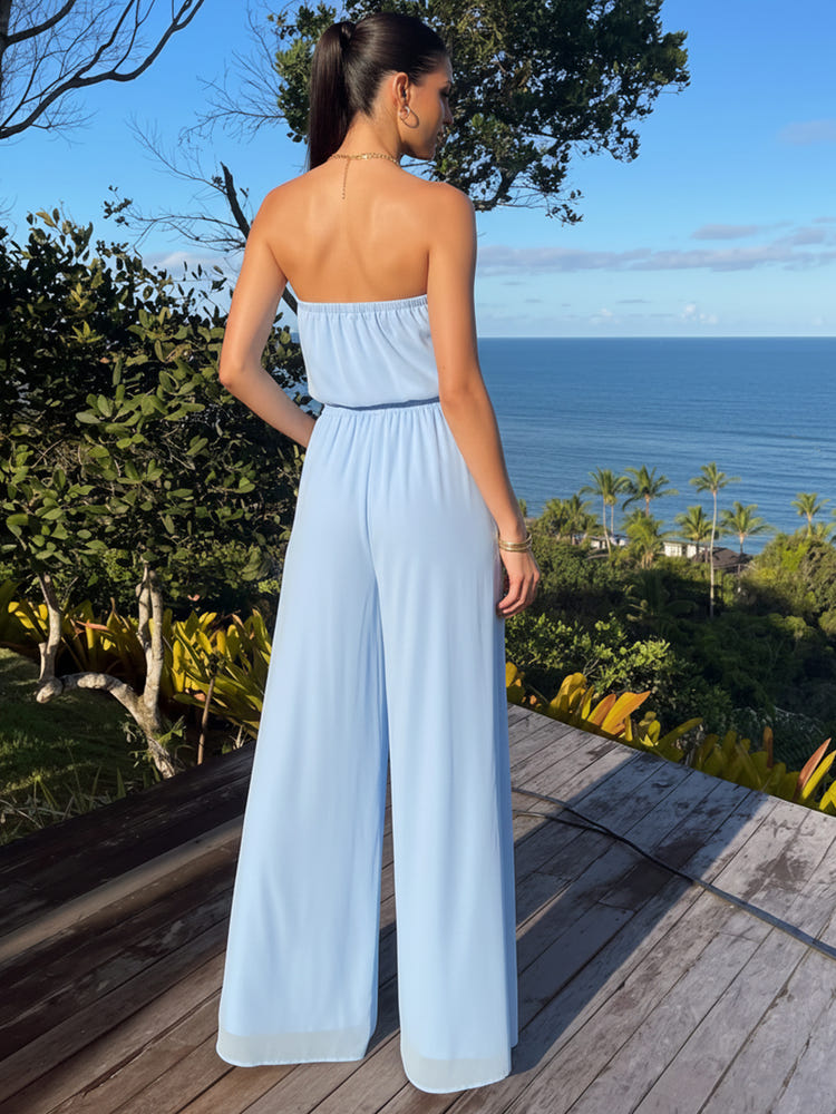 Chiffon Pantsuit Strapless Maxi Sets with Pleated