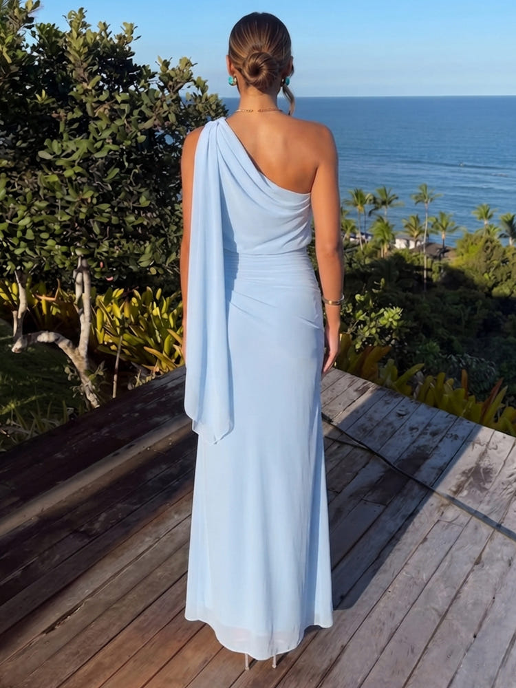 Chiffon A-Line One Shoulder Maxi Formal Dresses with Side Waist Ruched