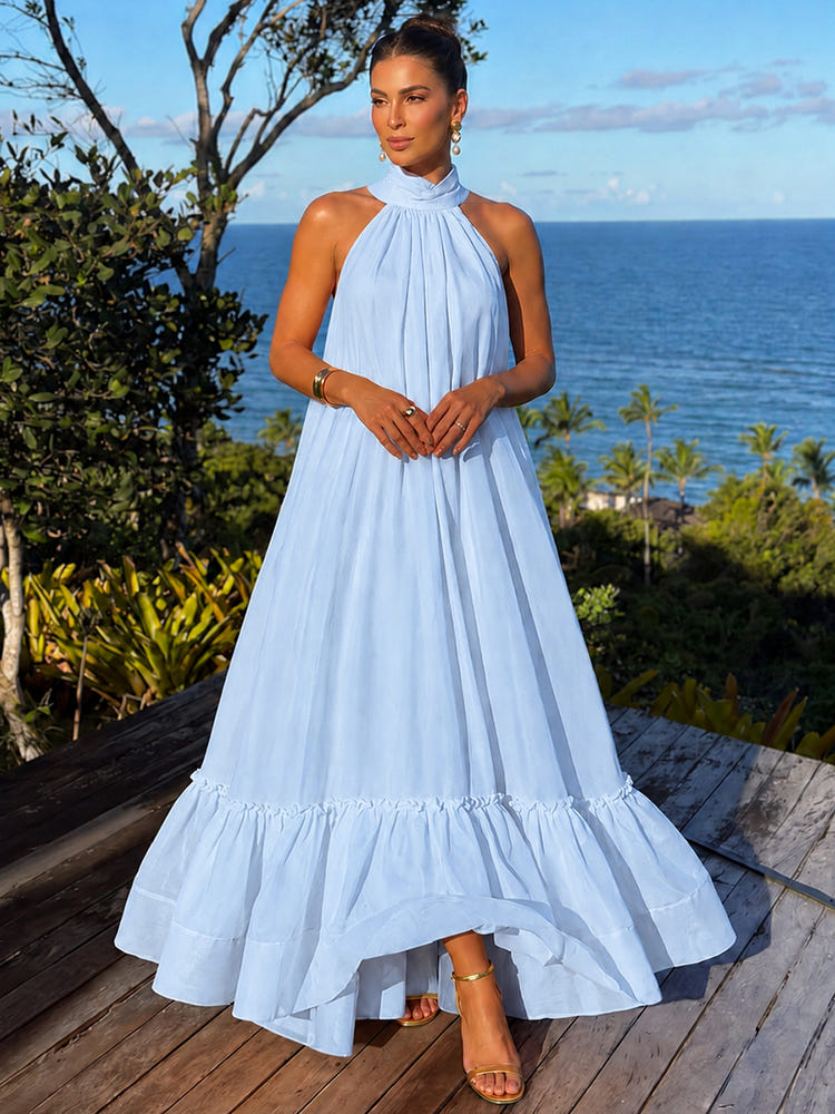 Chiffon A-Line Halter Maxi Formal Dresses with Ruffles