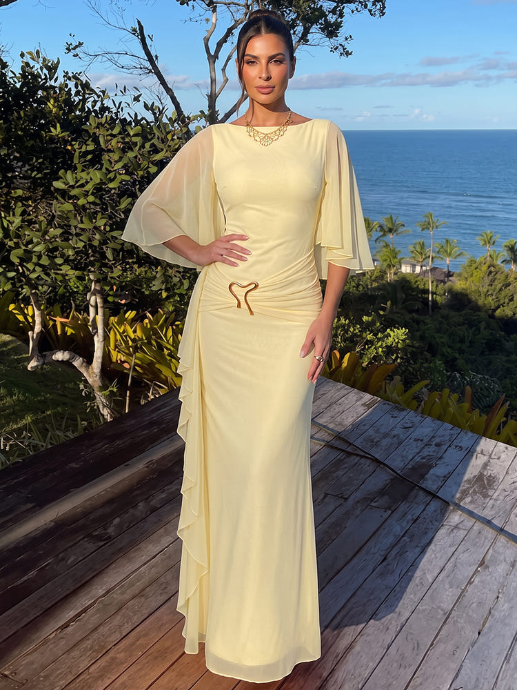 Chiffon Mermaid Boat Neck Maxi Formal Dresses with Ruffles