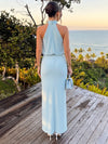 Chiffon Sheath Halter Maxi Formal Dresses with Blouson Gathered Bodice