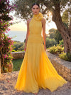 Chiffon A-Line High Neck Maxi Formal Dresses with 3D Flowers