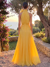 Chiffon A-Line High Neck Maxi Formal Dresses with 3D Flowers