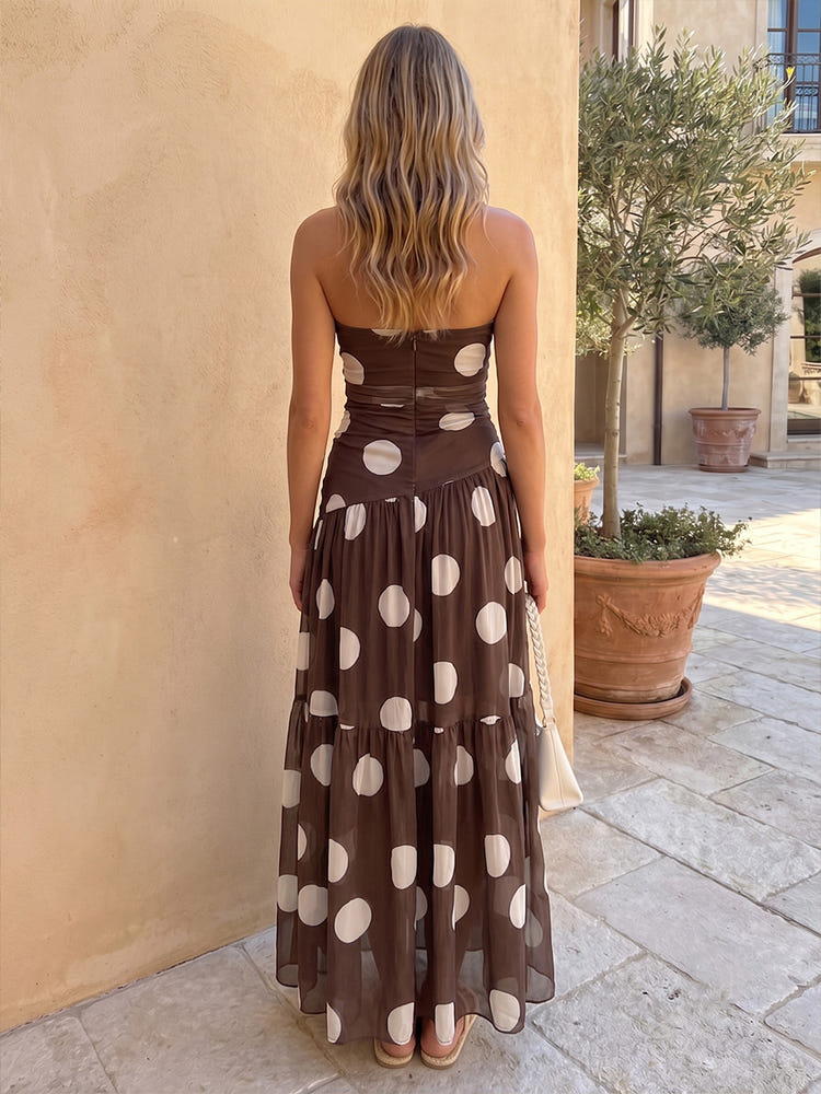 Chiffon A-Line Strapless Maxi Formal Dresses with Polka Dot