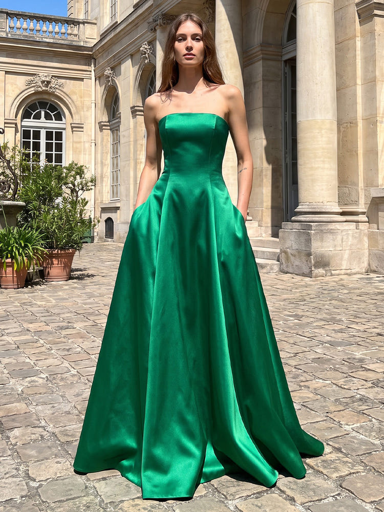 Satin A-Line Strapless Maxi Formal Dresses with Corset Bodice