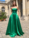 Satin A-Line Strapless Maxi Formal Dresses with Corset Bodice
