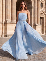 Chiffon A-Line Strapless Maxi Formal Dresses with Pleated