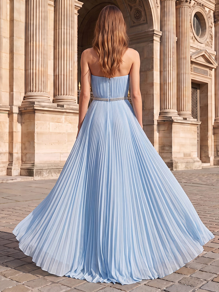 Chiffon A-Line Strapless Maxi Formal Dresses with Pleated