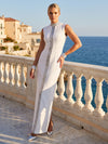 Jersey Sheath High Neck Maxi Formal Dresses with Vertical Silver Sequin