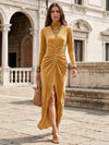 Velvet Mermaid High Neck Maxi Formal Dresses with Center‑Front Vertical Twisted‑Ruched