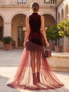 Velvet Bodycon High Neck Midi Formal Dresses with Side Waist Ruched