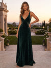 Velvet A-Line V Neck Maxi Formal Dresses with Wide‑Strap