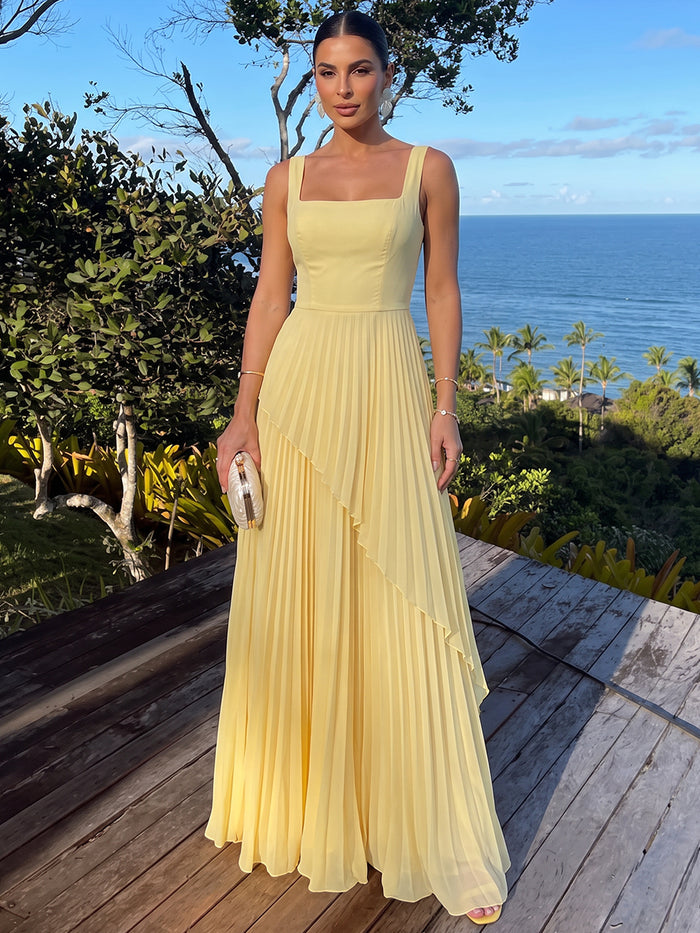 Chiffon A-Line Square Neck Maxi Formal Dresses with Delicate Pleated