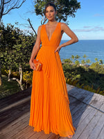 Chiffon A-Line V Neck Maxi Formal Dresses with Delicate Pleated