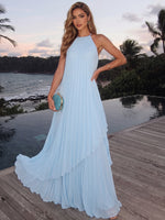 Chiffon A-Line One Shoulder Maxi Formal Dresses with Delicate Pleated