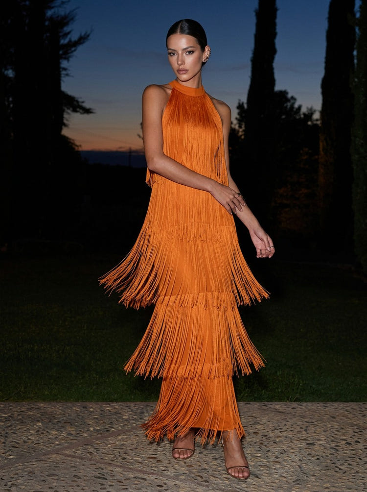Satin A-Line Halter Maxi Formal Dresses with Fringe