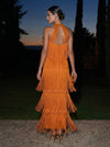Satin A-Line Halter Maxi Formal Dresses with Fringe