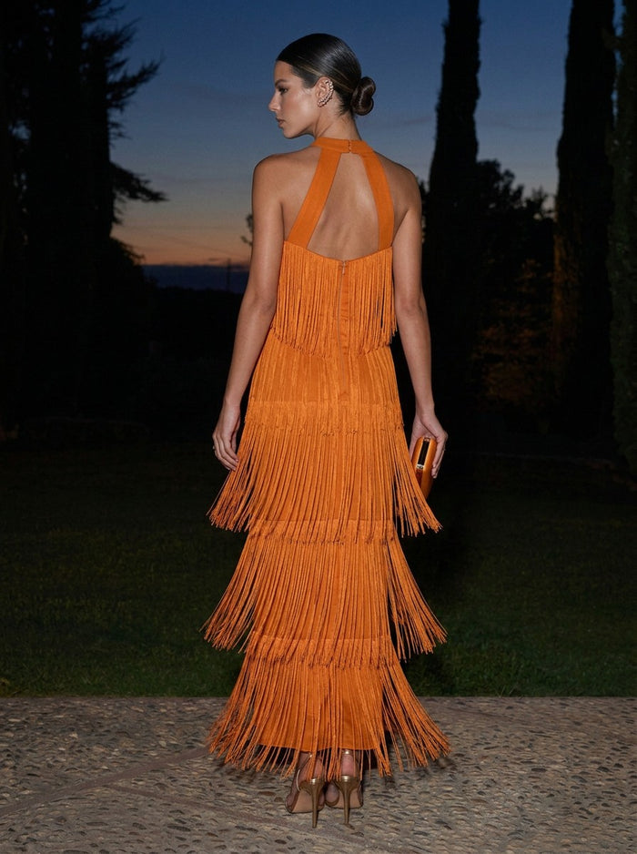 Satin A-Line Halter Maxi Formal Dresses with Fringe