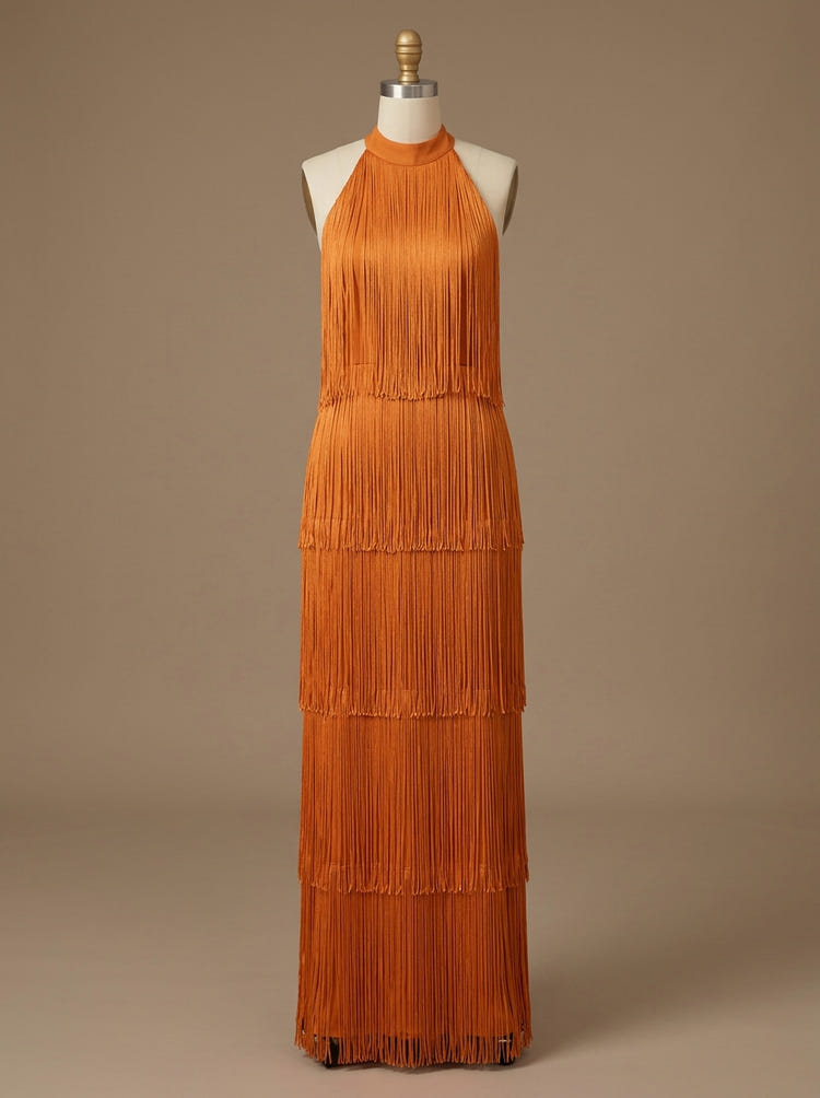 Satin A-Line Halter Maxi Formal Dresses with Fringe